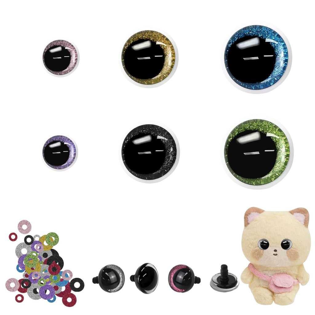Assorted glitter moon safety eyes and washers with a plush cat toy on a white background