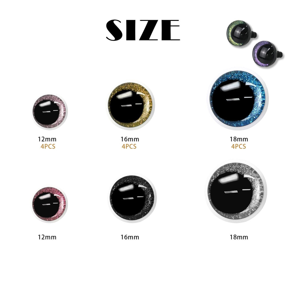 Assortment of glittery safety eyes in various sizes and colors, with size and quantity labels.