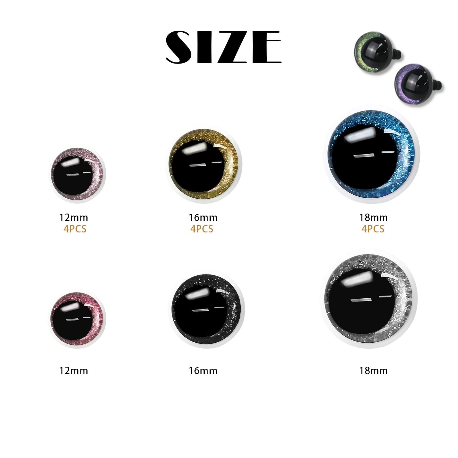 Assortment of glittery safety eyes in various sizes and colors, with size and quantity labels.