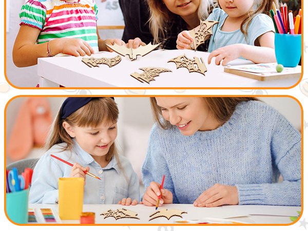 Children and adults crafting Halloween bat wooden cutouts with paint and art supplies