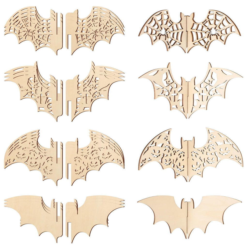Eight unfinished wooden bat craft cutouts with intricate Halloween designs, displayed in a grid on a white background.