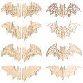 Eight unfinished wooden bat craft cutouts with intricate Halloween designs, displayed in a grid on a white background.