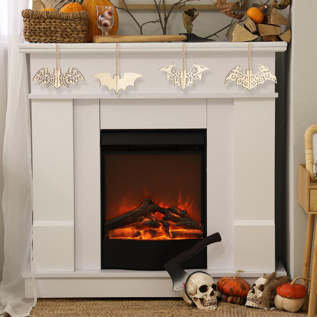 Halloween mantelpiece decorated with wooden bat cutouts, pumpkins, skulls, and an axe.