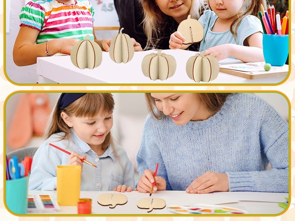 Children and adults crafting wooden pumpkins, painting supplies visible