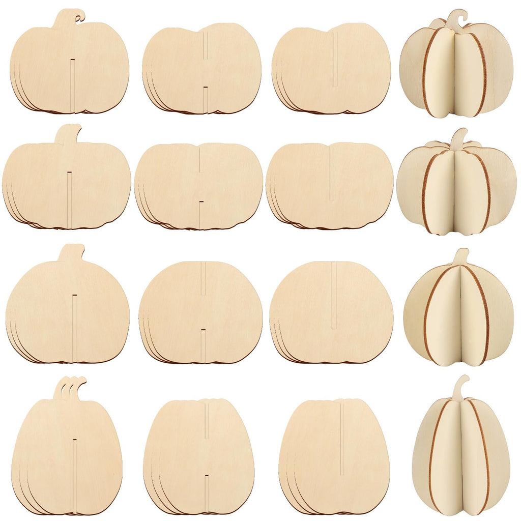 Unfinished wooden pumpkin craft pieces in various sizes and styles, some flat and some assembled into 3D shapes.