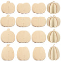 Unfinished wooden pumpkin craft pieces in various sizes and styles, some flat and some assembled into 3D shapes.