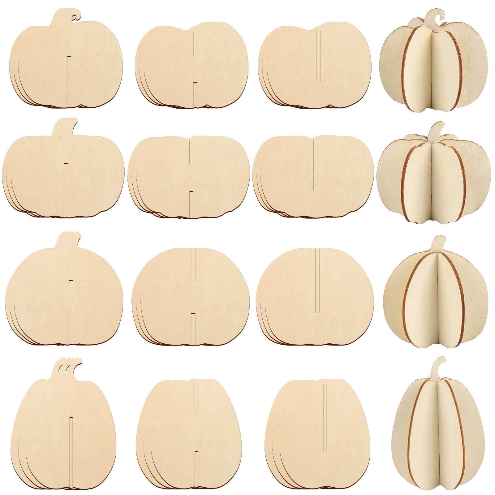 Unfinished wooden pumpkin craft pieces in various sizes and styles, some flat and some assembled into 3D shapes.