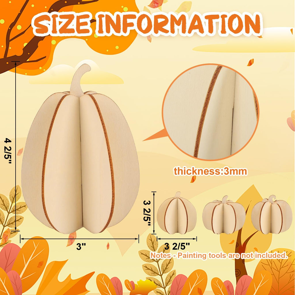 Wooden pumpkin craft set with size and thickness information displayed, featuring multiple pumpkins and autumn leaves.