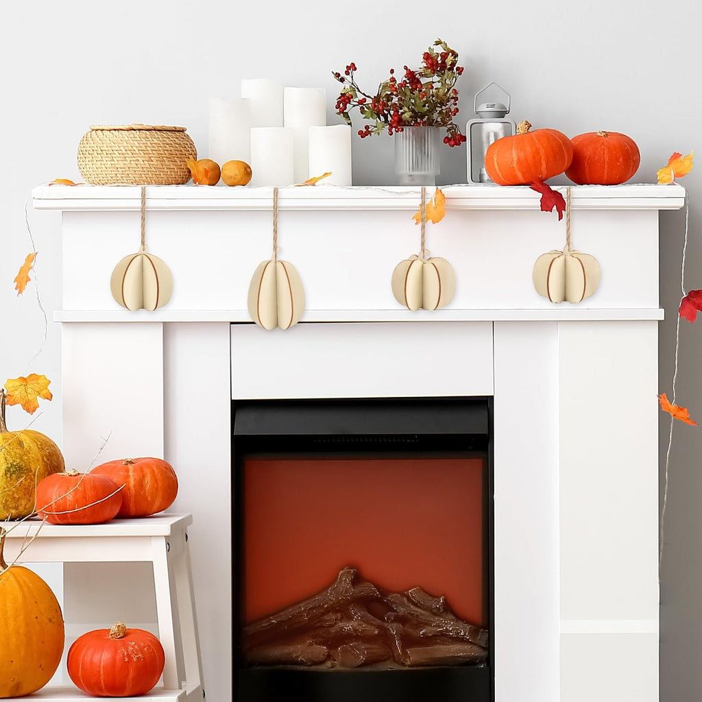 Unfinished wooden pumpkin craft decorations hanging on a mantelpiece with real pumpkins and fall decor