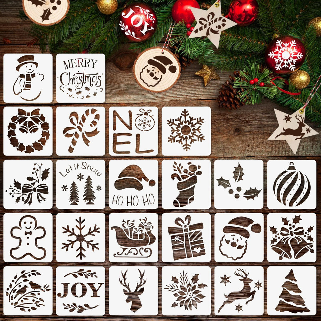 Collection of 24 Christmas-themed stencils on a wooden background with festive decorations.