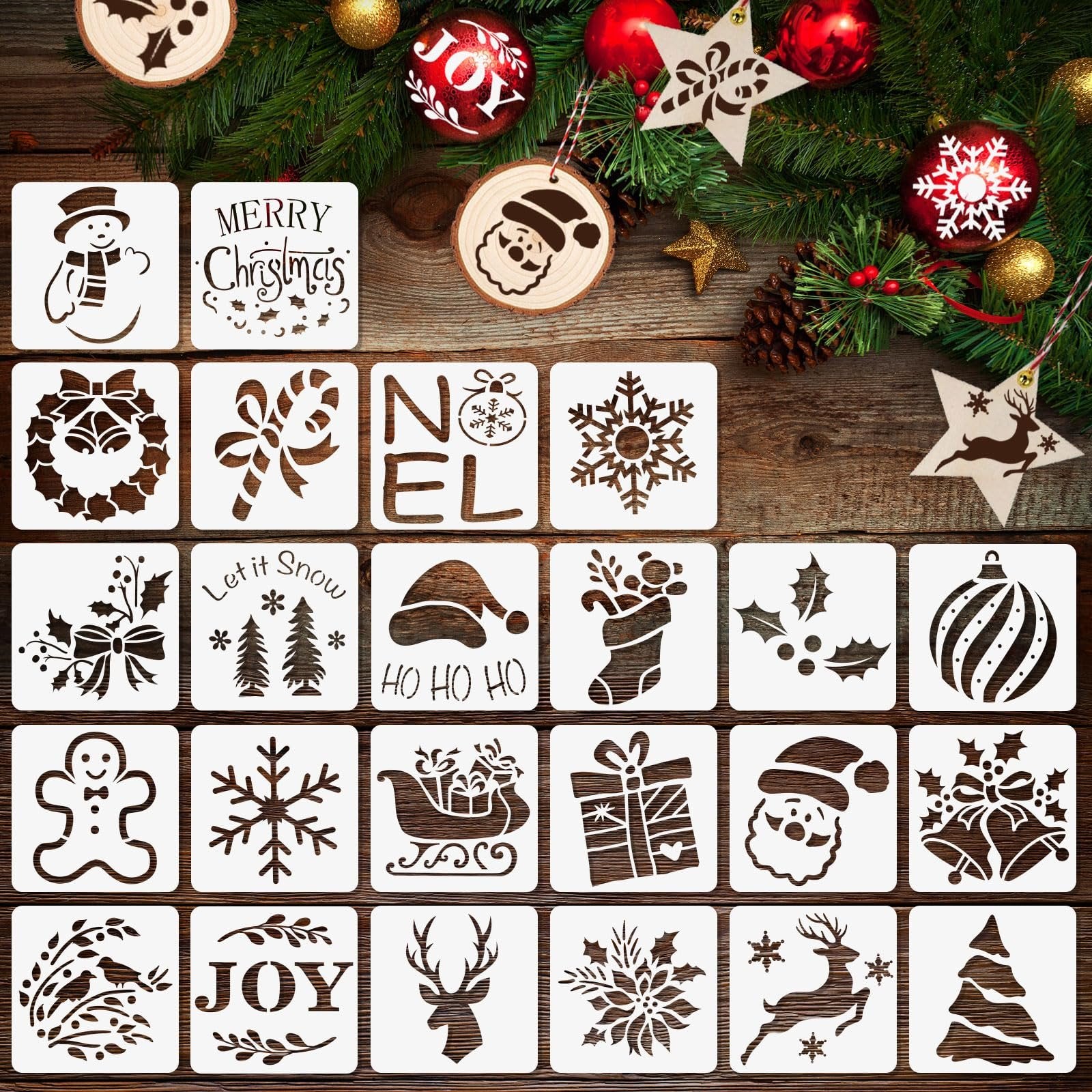 Collection of 24 Christmas-themed stencils on a wooden background with festive decorations.