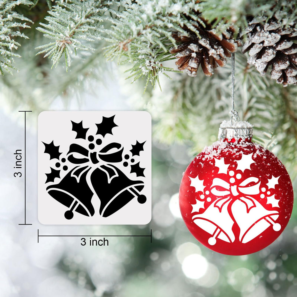 Christmas stencil with bells and holly design next to a red ornament with the same design