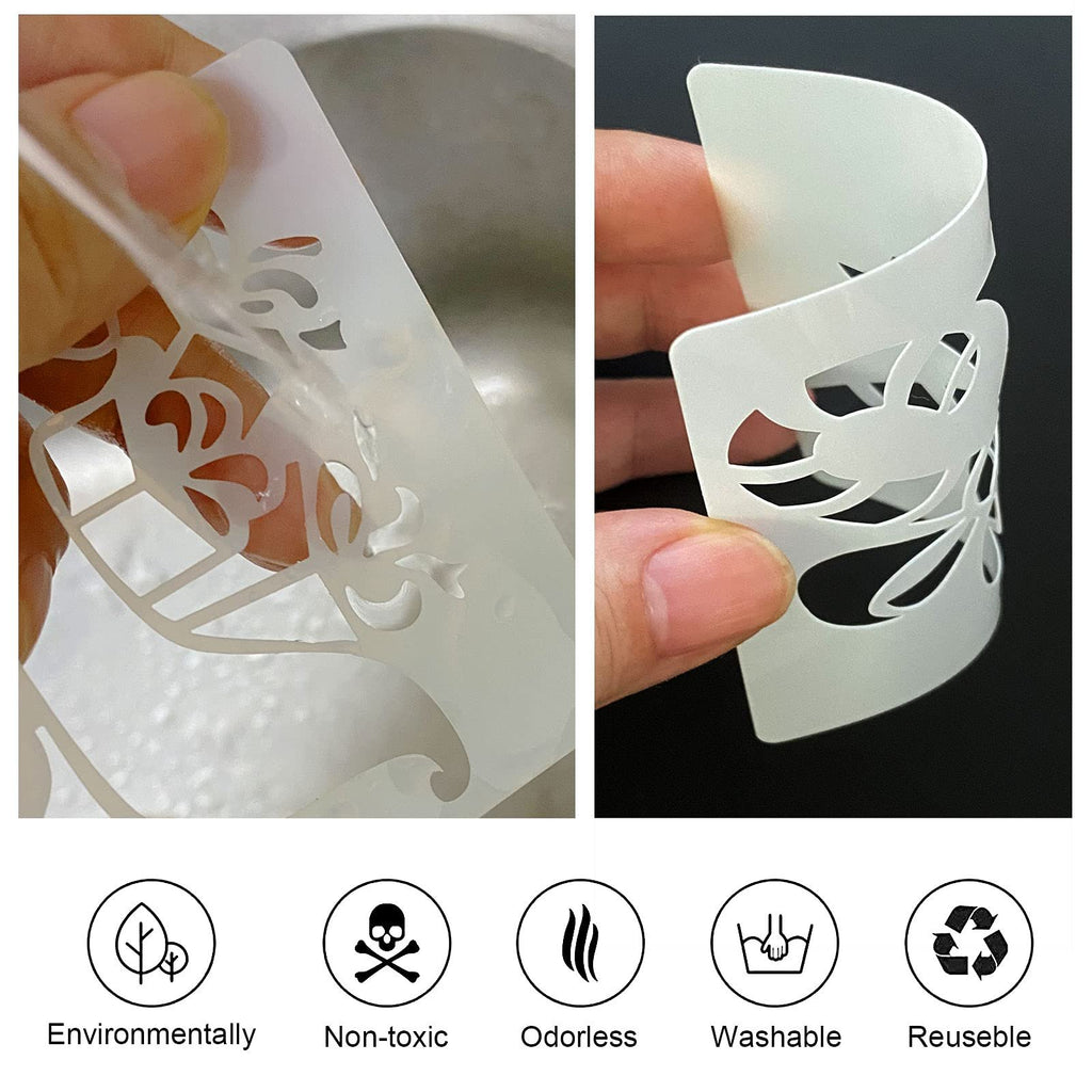 Close-up of a white reusable stencil with floral cutouts, held by fingers. Below are icons and text for 'Environmentally', 'Non-toxic', 'Odorless', 'Washable', 'Reusable'.
