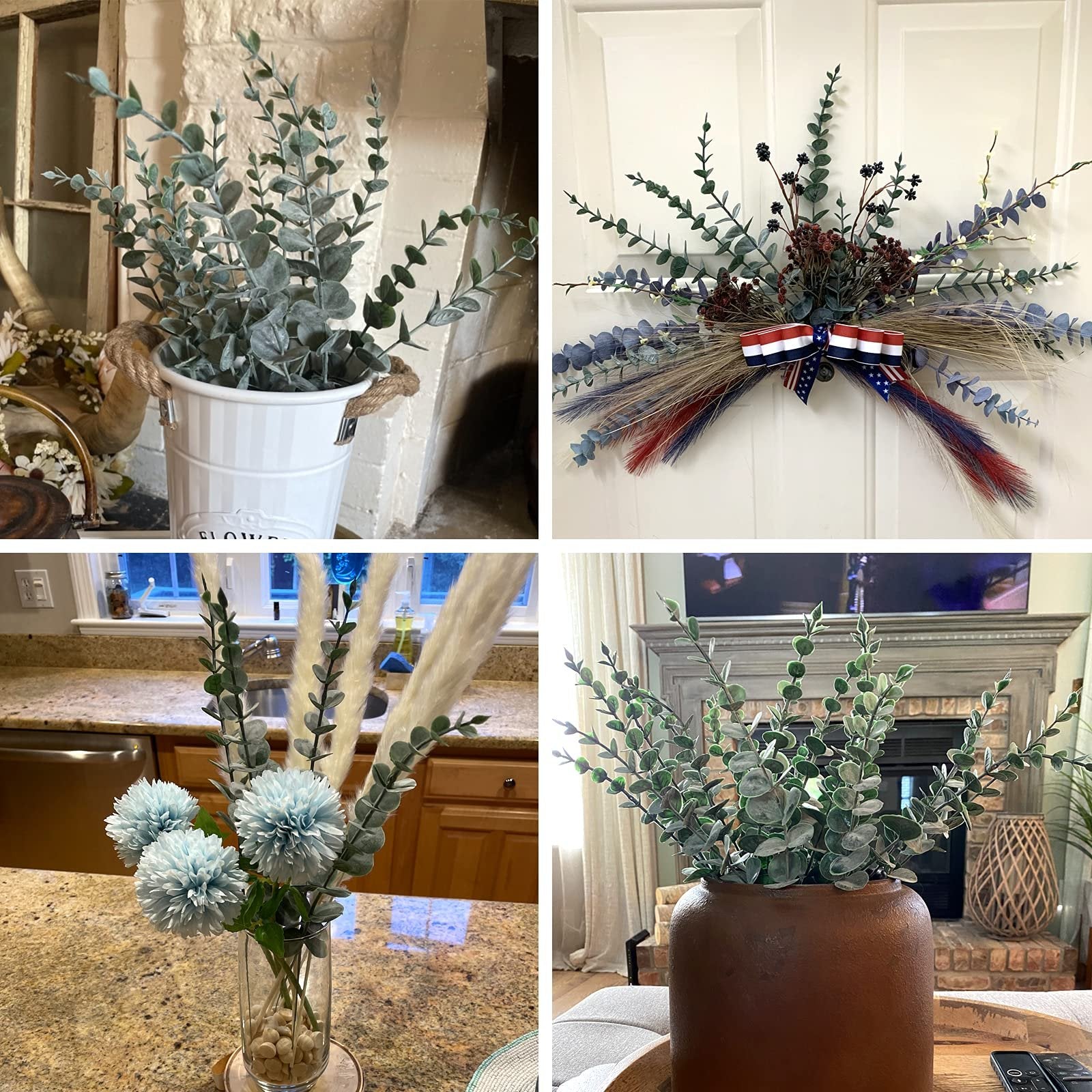Four arrangements of artificial eucalyptus stems in various home settings, including a white bucket, a patriotic wreath, a vase with blue flowers, and a rustic pot.