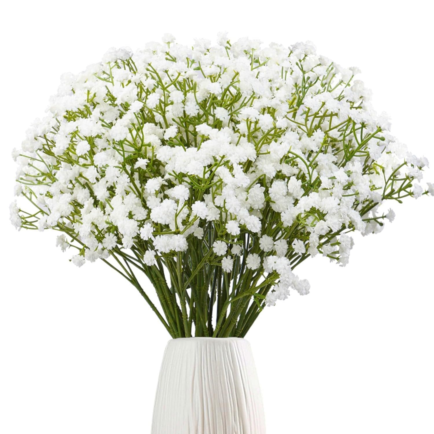 Bunch of white artificial baby's breath flowers in a white vase against a white background