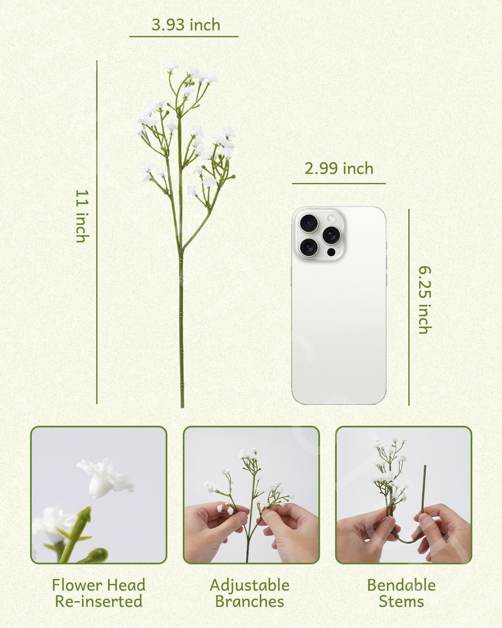 White artificial baby's breath flower stem shown with dimensions and comparison to a smartphone, plus close-ups of flower head, adjustable branches, and bendable stem.