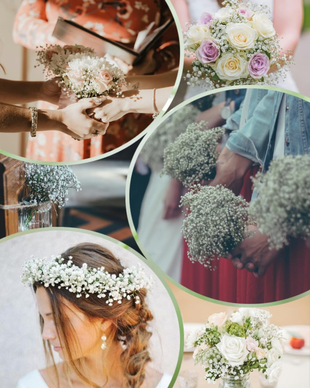 Collage of wedding scenes featuring bouquets and a flower crown with baby's breath