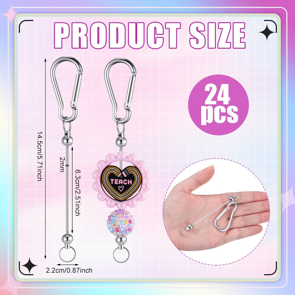 Two beadable keychain bars with silver snap hooks, one with a pink flower charm and 'TEACH' heart, and a colorful beaded ball. Dimensions and quantity are shown.