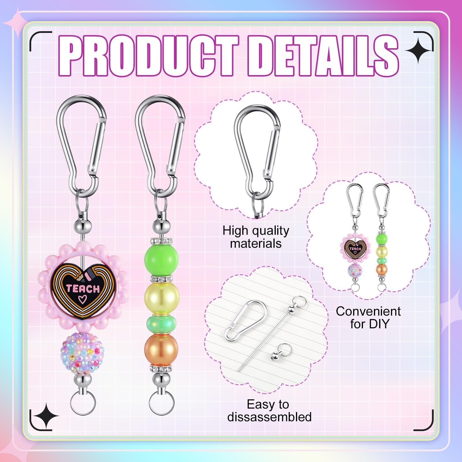 Two beaded keychains with silver snap hooks, one with a pink heart charm that says TEACH.