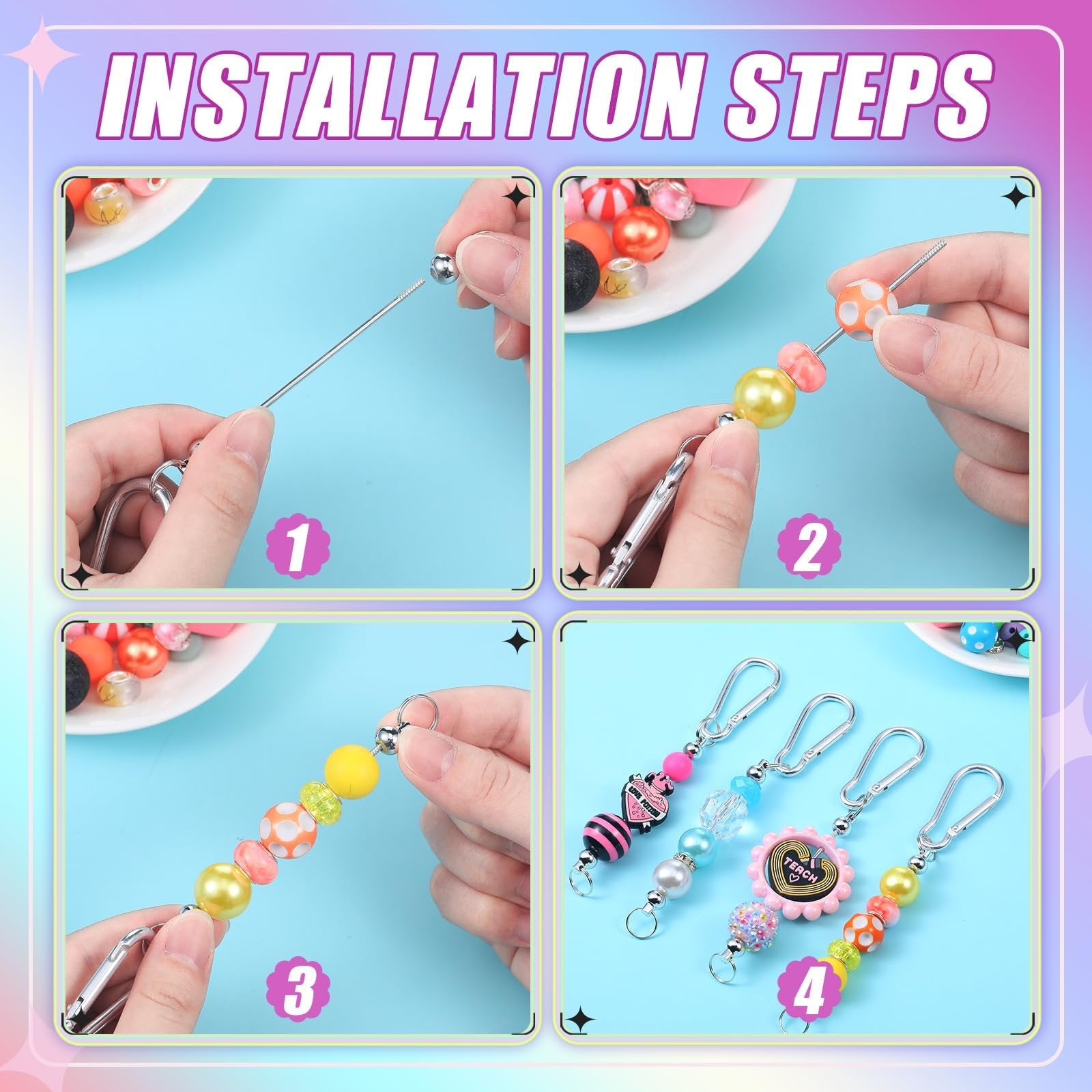 Four steps showing how to make beadable keychains with colorful beads and silver snap hooks.