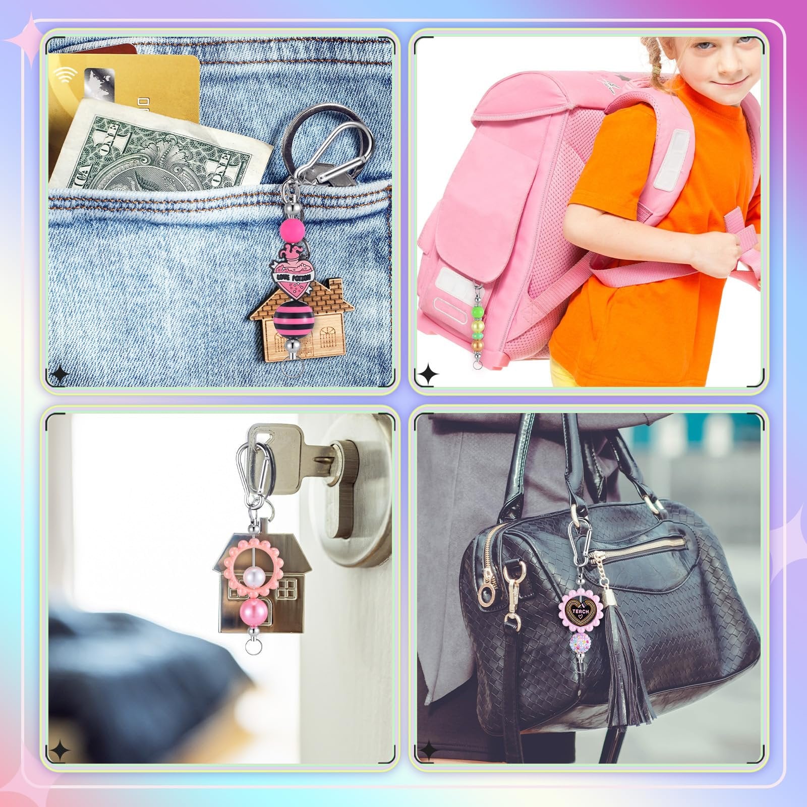 Collage of four lifestyle images showing beadable keychain charms attached to jeans pocket, backpack, door lock, and handbag.