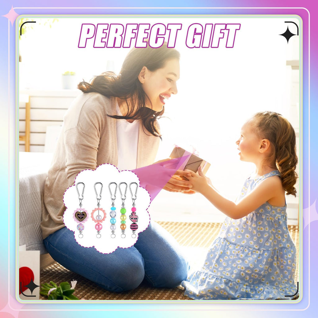 Mother and daughter exchanging a gift, with a close-up inset of beaded keychains