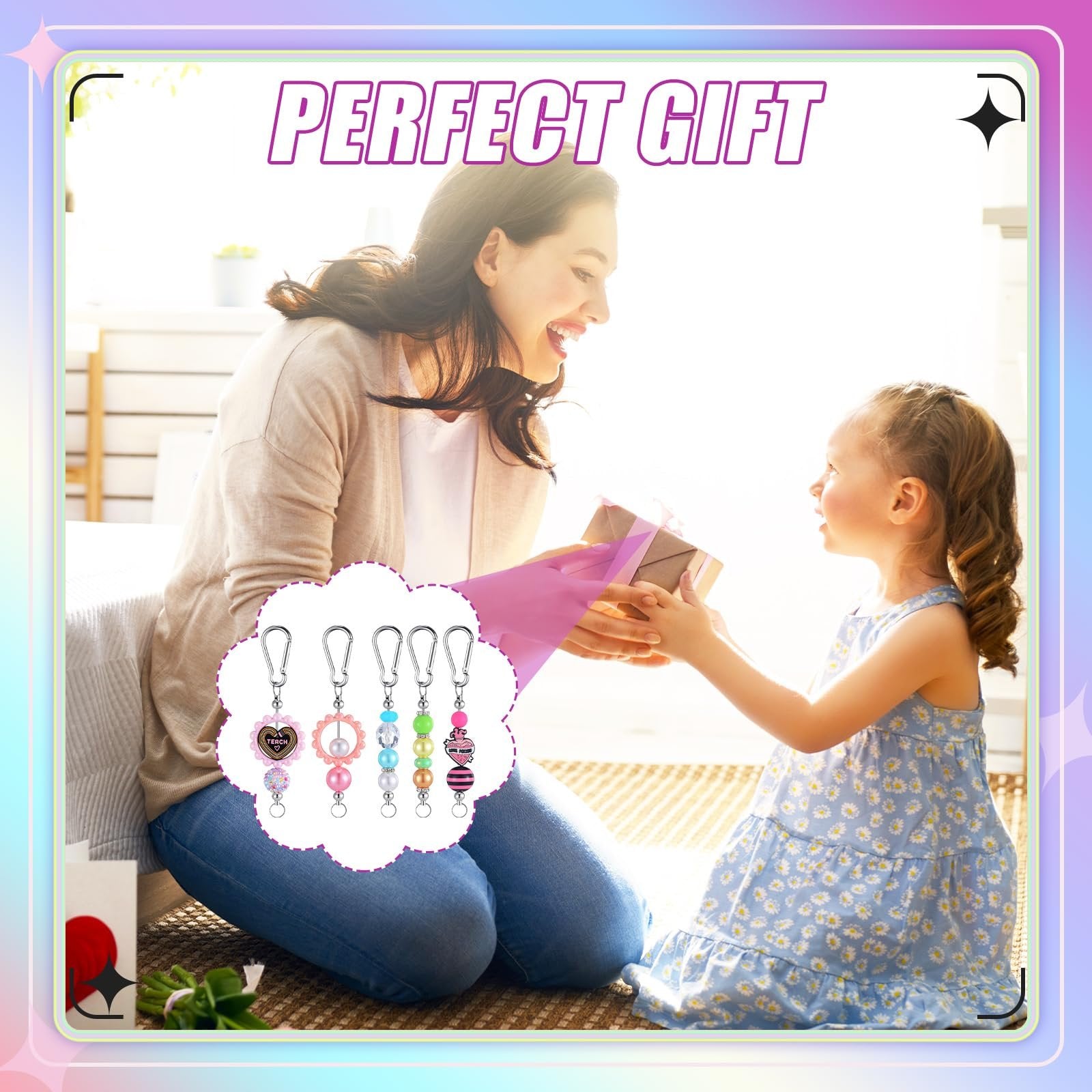 Mother and daughter exchanging a gift, with a close-up inset of beaded keychains