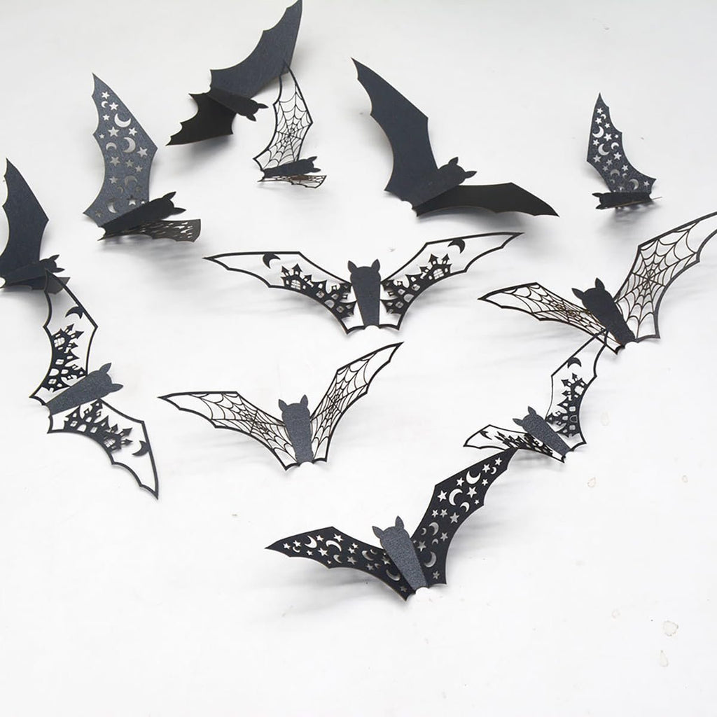 Collection of black 3D Halloween bat wall stickers with intricate cutouts and patterns, arranged on a white background.