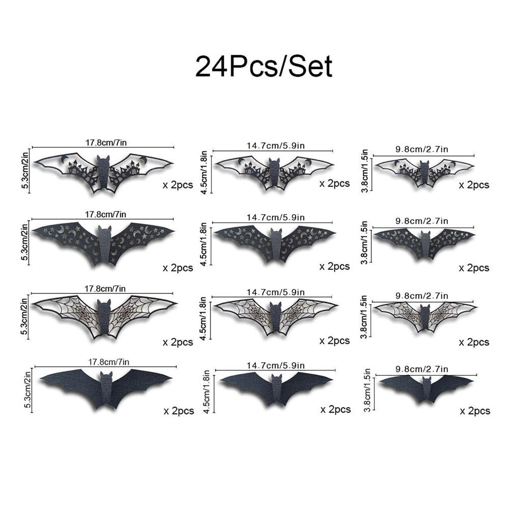 Set of 24 black 3D vinyl Halloween bat wall stickers in 12 sizes, shown with dimensions and quantities.