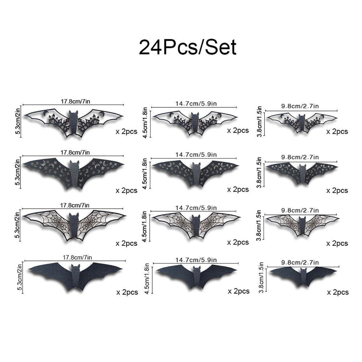 Set of 24 black 3D vinyl Halloween bat wall stickers in 12 sizes, shown with dimensions and quantities.