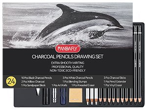 Charcoal drawing set box with dolphin art, showing pencils and art supplies inside.