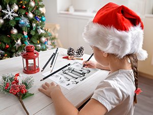Child wearing Santa hat drawing with charcoal pencils at a table with Christmas decorations