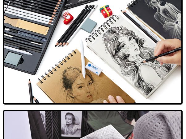 Charcoal drawing set with pencils, erasers, and sketchbooks showing portraits being drawn.