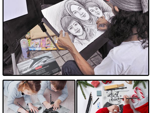 Artist sketching a family portrait outdoors with charcoal pencils and drawing set