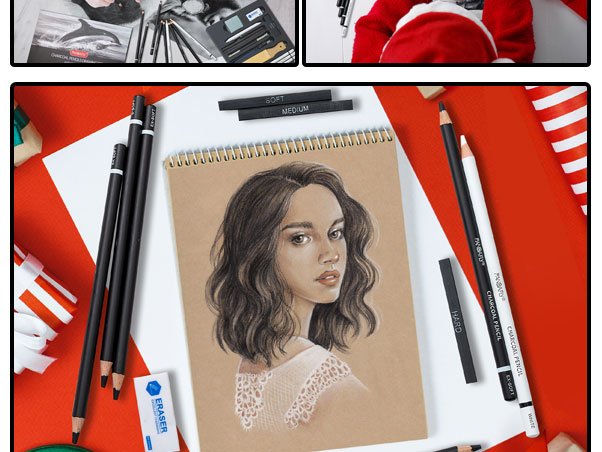 Charcoal drawing set with pencils, charcoal sticks, and eraser arranged around a portrait sketch on a notebook.