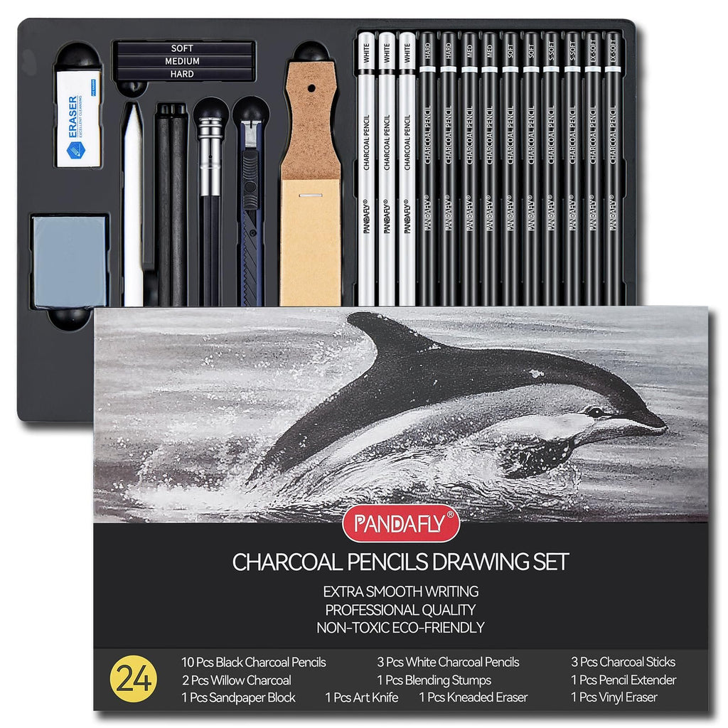 Charcoal drawing set laid out in a black case, showing pencils, erasers, blending stumps, and art knife.