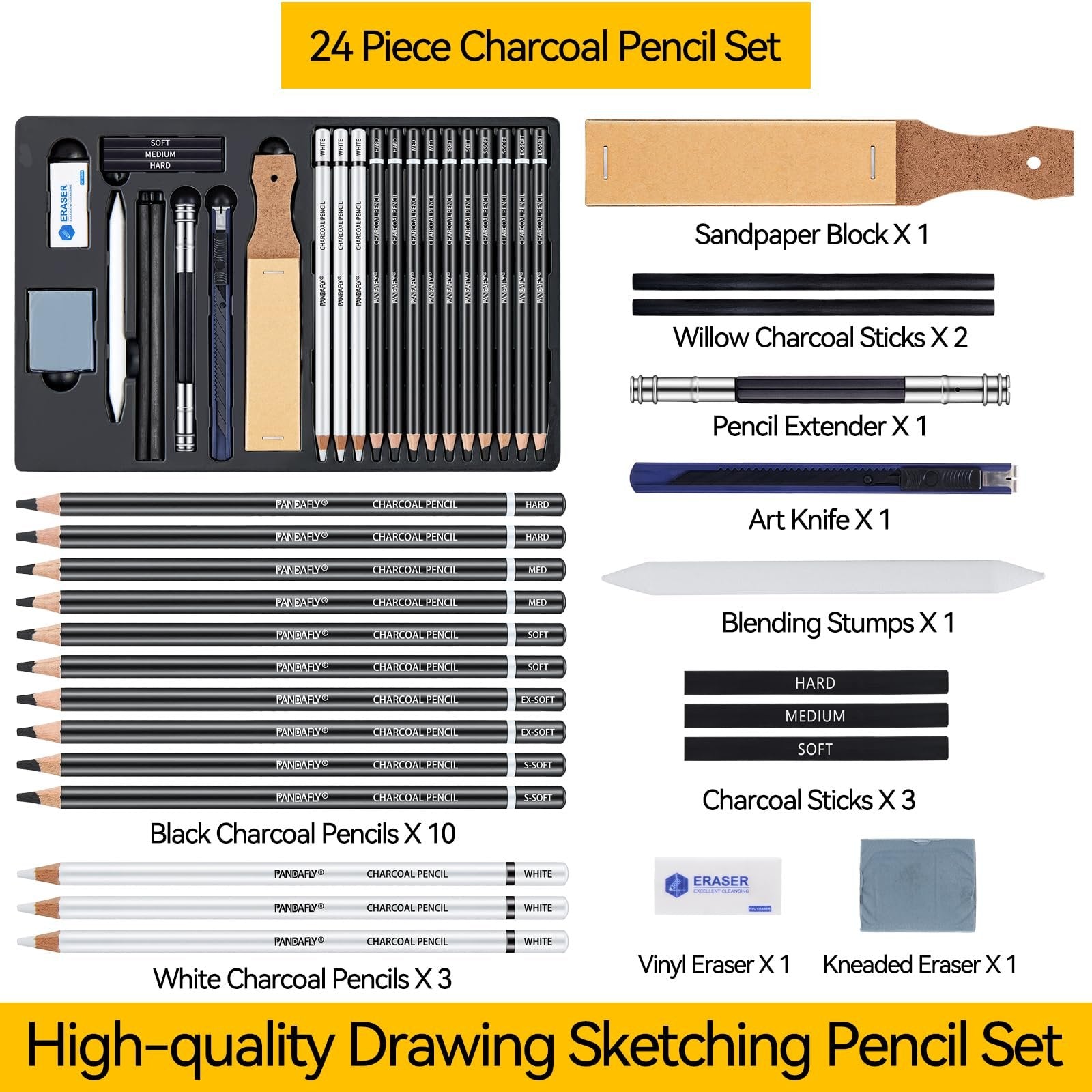 Charcoal drawing pencil set contents laid out, including pencils, erasers, blending stumps, and art knife.