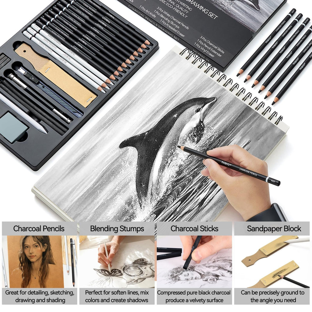 Charcoal drawing set contents and art in progress, showing pencils, blending stumps, charcoal sticks, and sandpaper block.