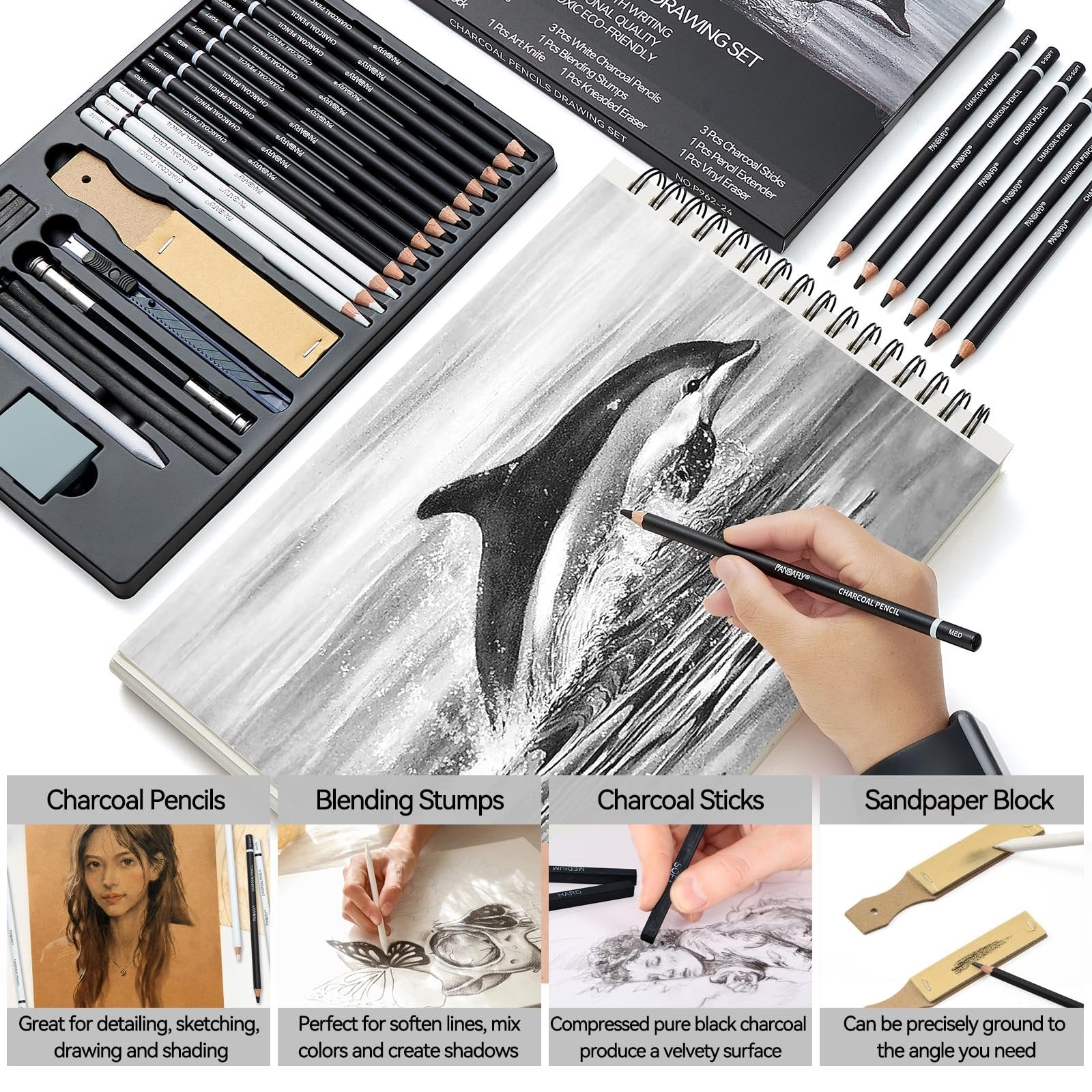 Charcoal drawing set contents and art in progress, showing pencils, blending stumps, charcoal sticks, and sandpaper block.