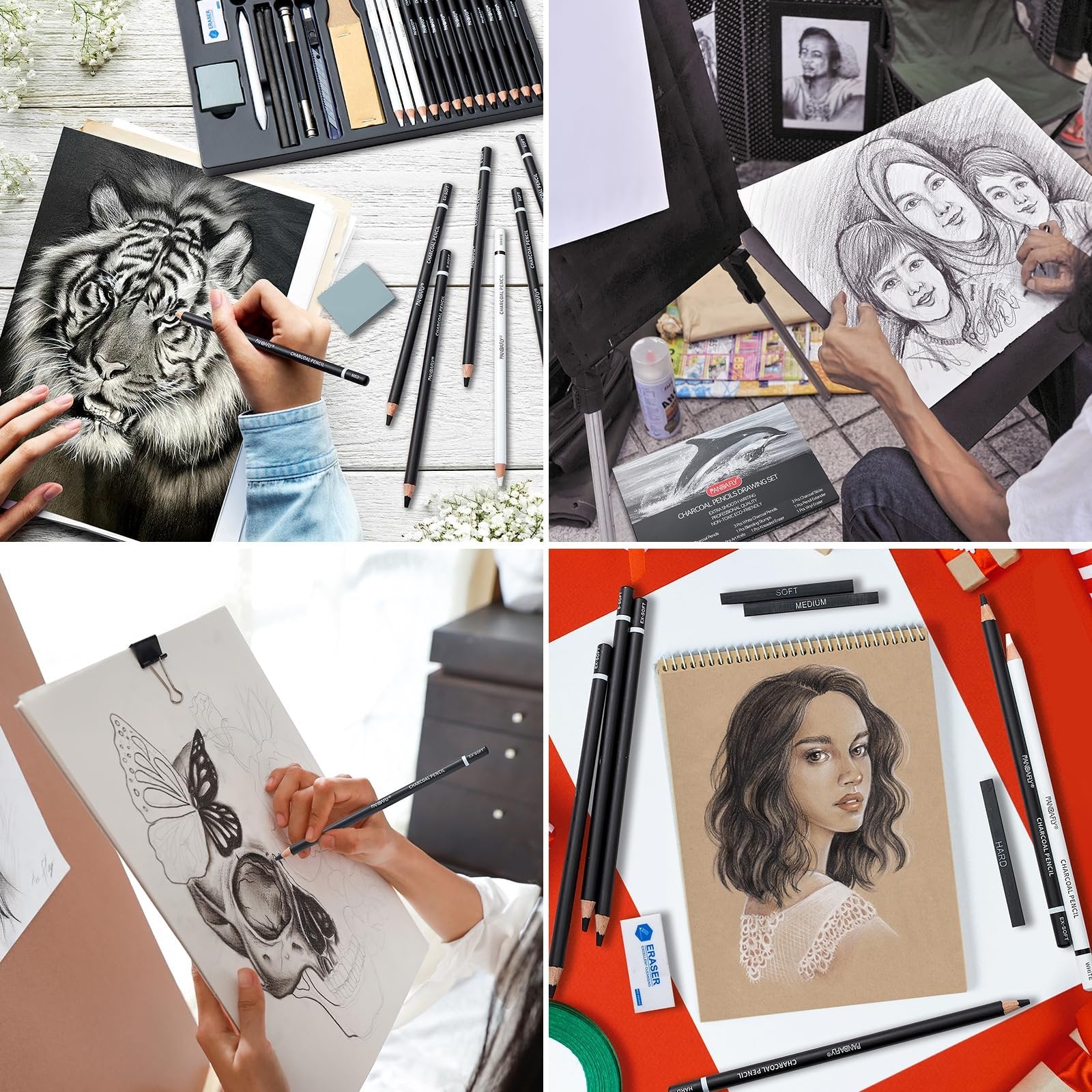 Collage of charcoal drawing art in progress, showing pencils, erasers, and sketches of a tiger, family, skull with butterfly, and a portrait.