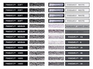Graphite and charcoal drawing sticks with labels showing brand and hardness grades.