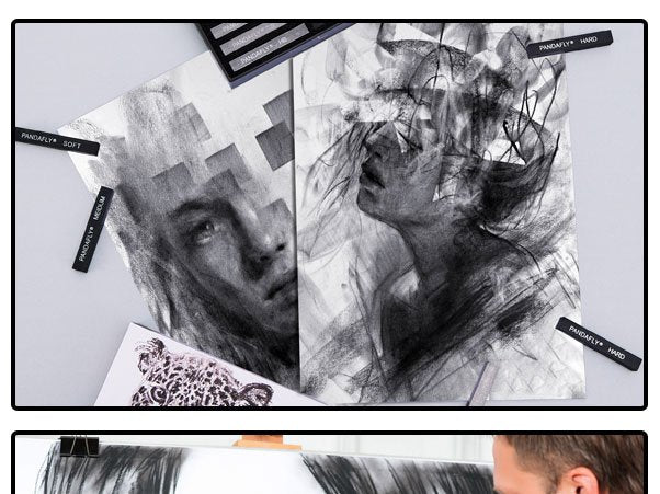 Charcoal drawing sticks and artwork featuring portraits and a leopard, with labels indicating soft, medium, and hard grades.