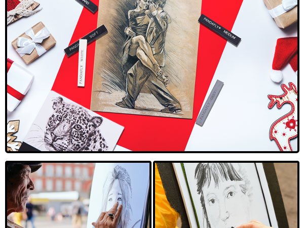Drawing sticks and charcoal sketches arranged with holiday decorations on a red and white background