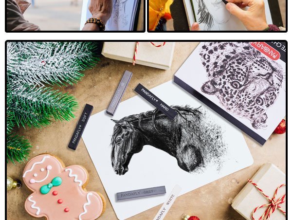 Drawing sticks and charcoal art supplies arranged with festive decorations and a drawing of a horse.