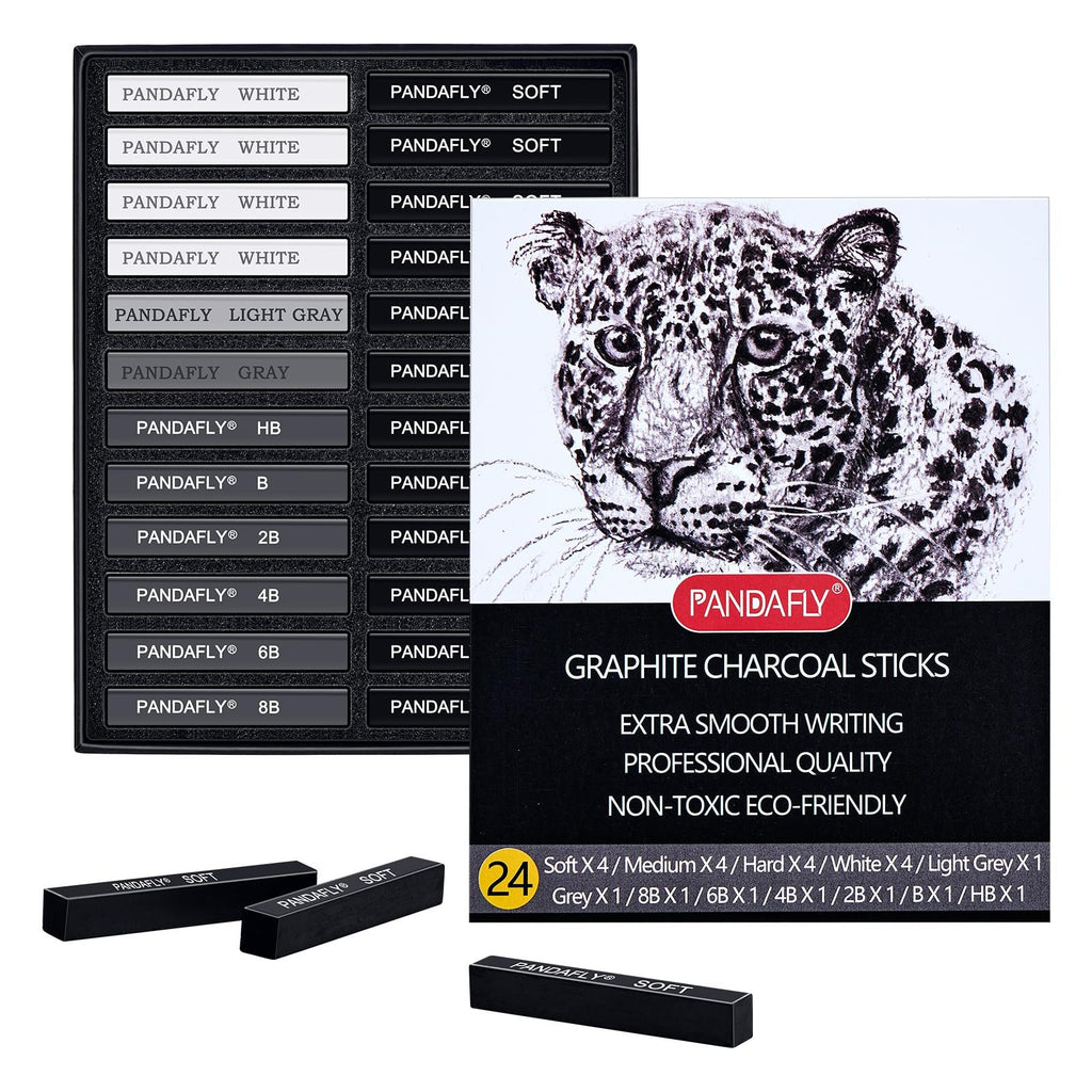Drawing charcoal sticks set in a case, with individual sticks and a leopard sketch on packaging.