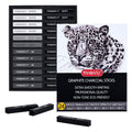 Drawing charcoal sticks set in a case, with individual sticks and a leopard sketch on packaging.