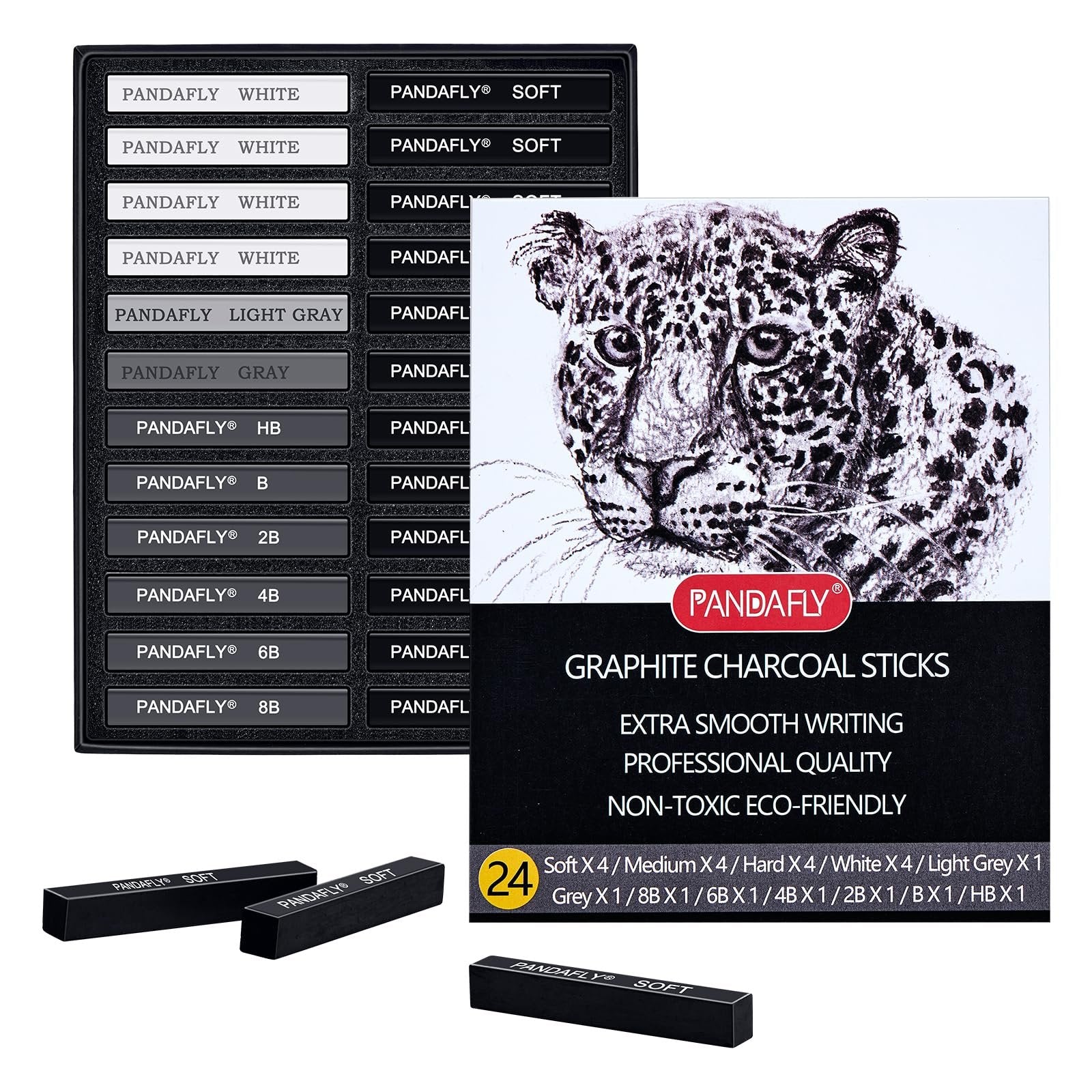Drawing charcoal sticks set in a case, with individual sticks and a leopard sketch on packaging.