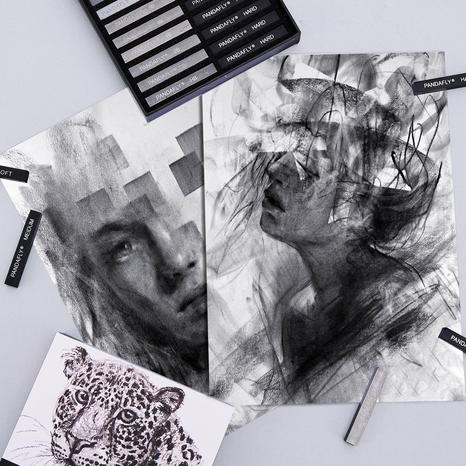 Charcoal drawing sticks and charcoal art pieces including portraits and a leopard.