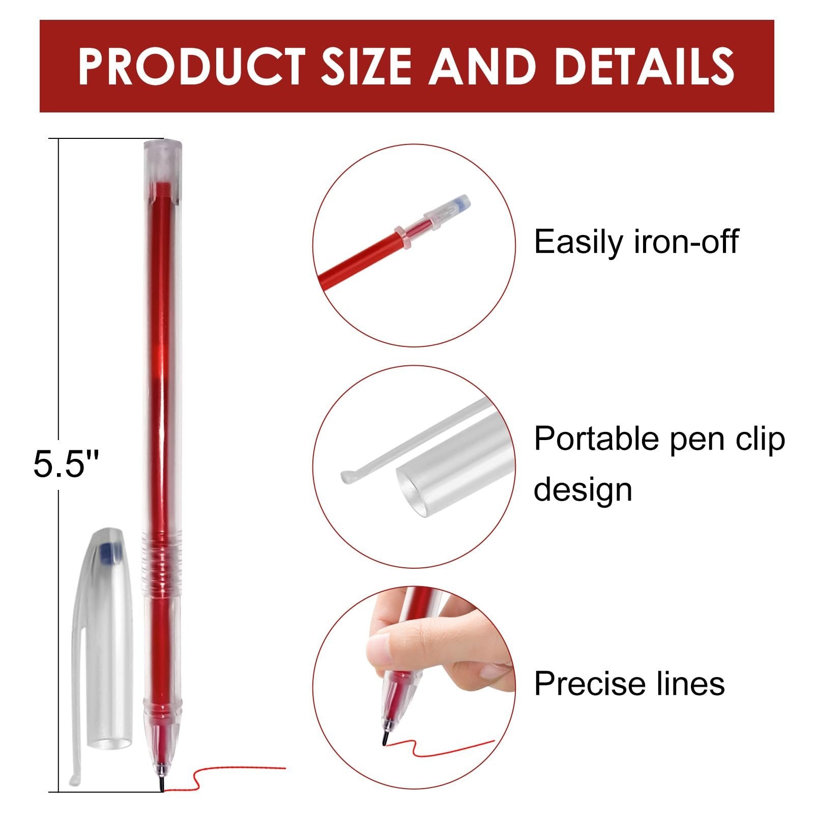 Red heat erasable fabric pen shown with size and detail callouts for iron-off feature, clip design, and precise lines.