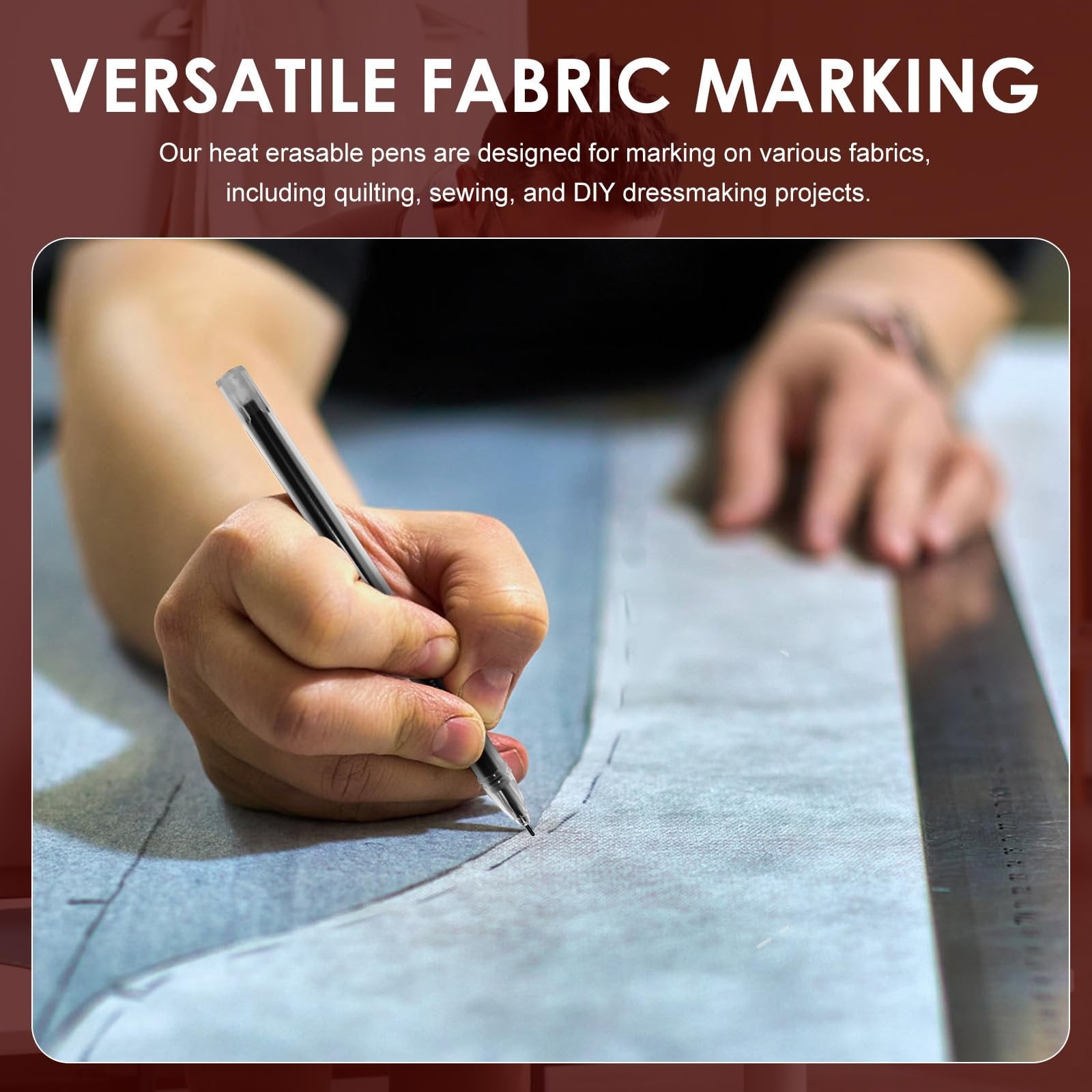 Close-up of hands using a heat erasable fabric pen to mark a sewing pattern on fabric, with a ruler visible.